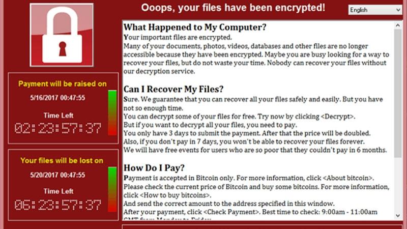 Image de l'écran annonçant que les données sont cryptées par le virus WannCry 